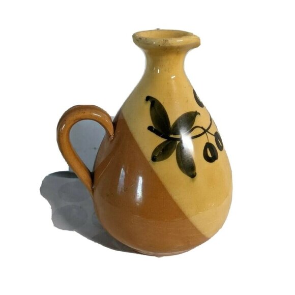 Hand-Painted Ceramic Olive Oil Decanter Pitcher Rust & Yellow With Olive Design - Picture 2 of 8